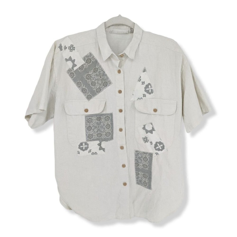 Red Rover Button Up Shirt Linen Cotton Blend Bandana Floral Patches Large L